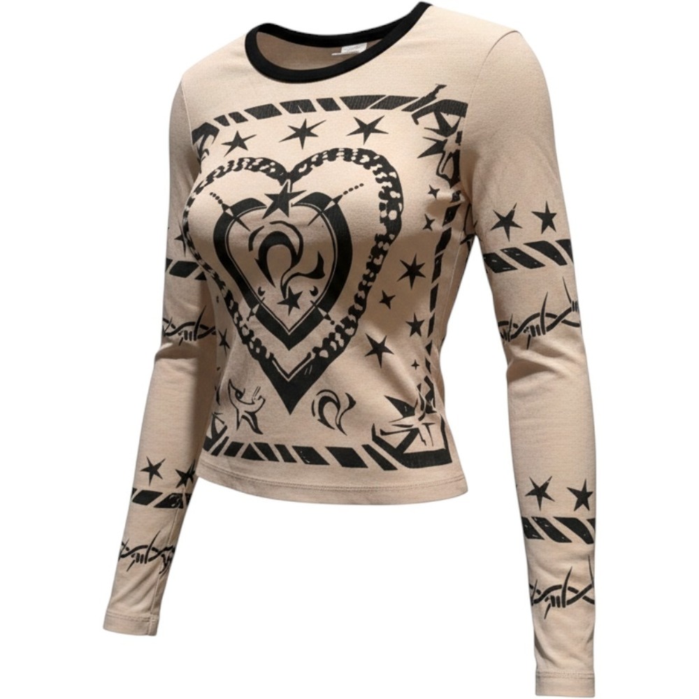 Urban Outfitters Graphic Tee Long Sleeve Tattoo‎ Heart Barbed Wire Cream XS